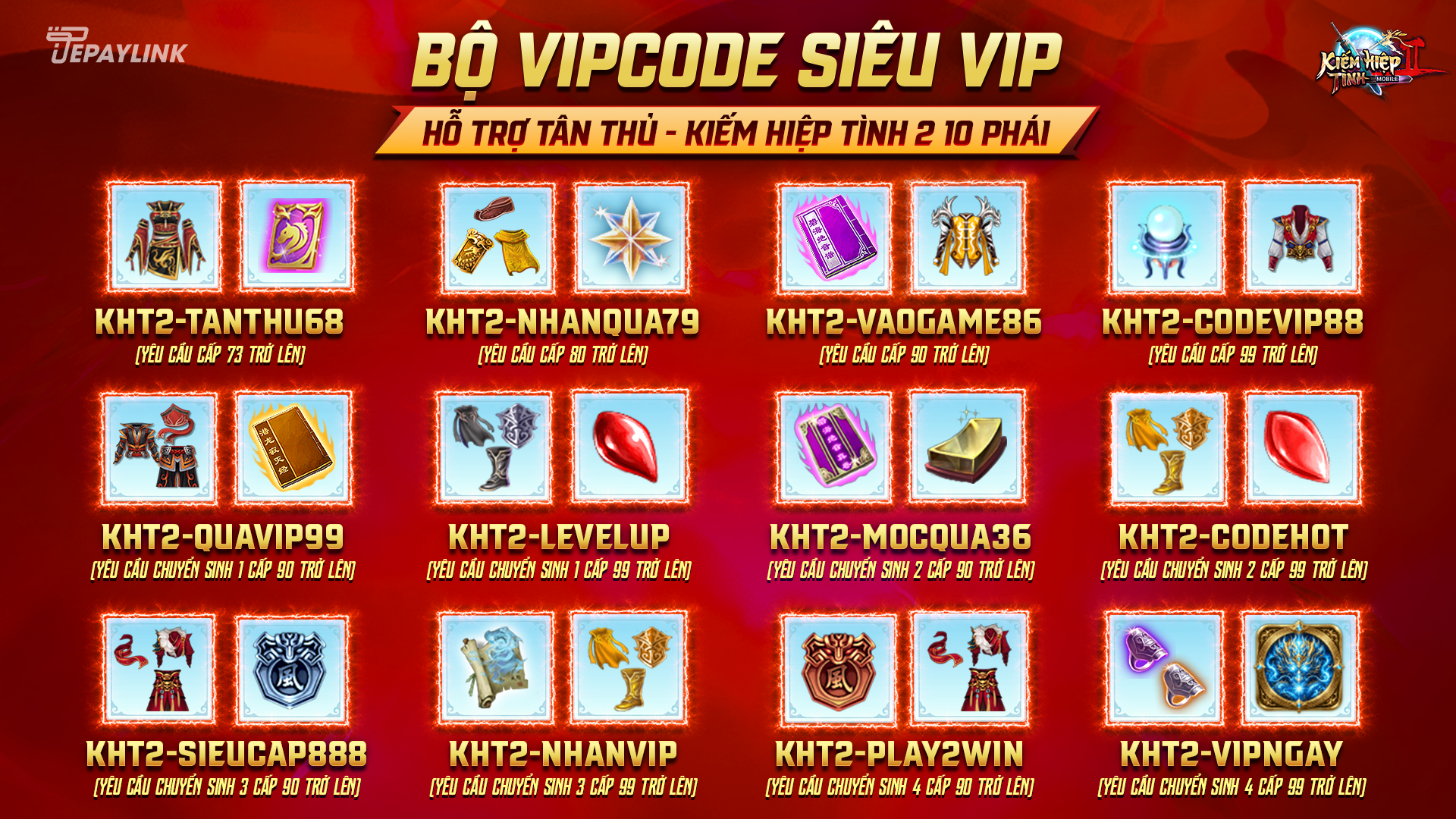 BỘ 12 GIFTCODE HỖ TRỢ TÂN THỦ | Kiếm Hiệp Tình 2 Mobile - Phiên bản 10 phái
