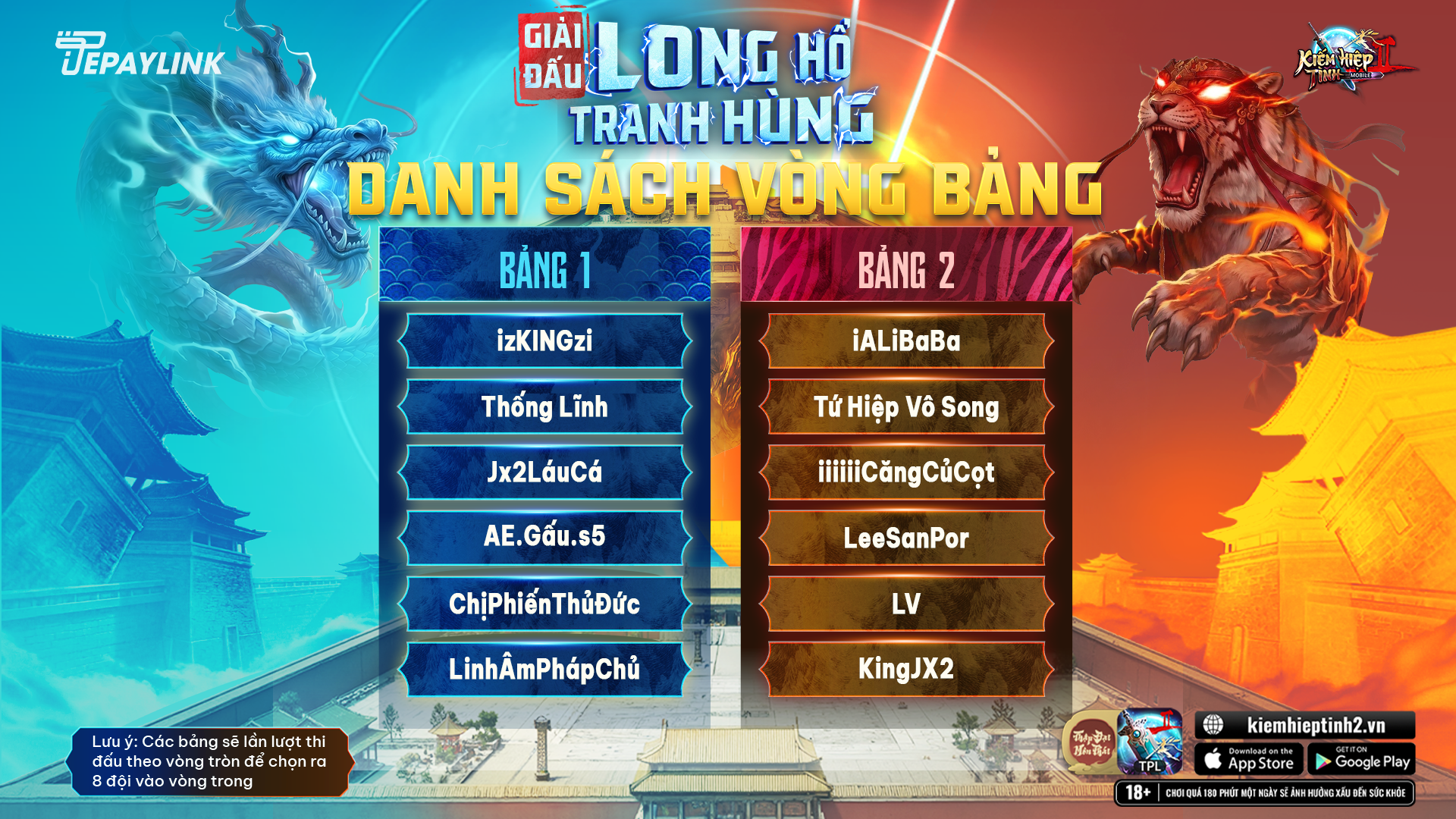 DANH SÁCH CÁC ĐỘI CHÍNH THỨC THAM GIA GIẢI ĐẤU  LONG HỔ TRANH HÙNG | Kiếm Hiệp Tình 2 Mobile - Phiên bản 10 phái