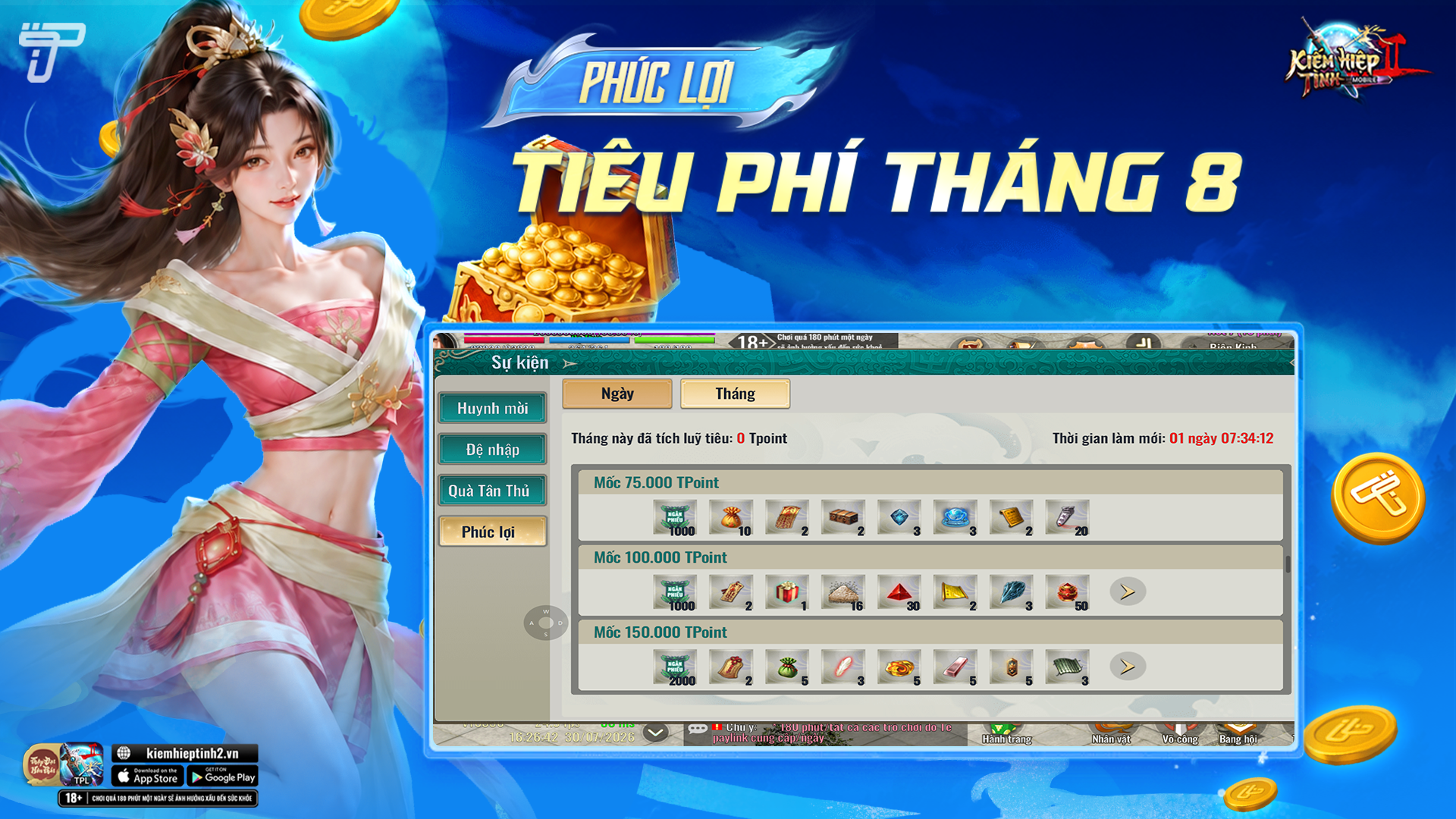 [Máy Chủ Liên Thông] Phúc lợi Tiêu Phí tháng 08/2026 | Kiếm Hiệp Tình 2 Mobile - Phiên bản 10 phái